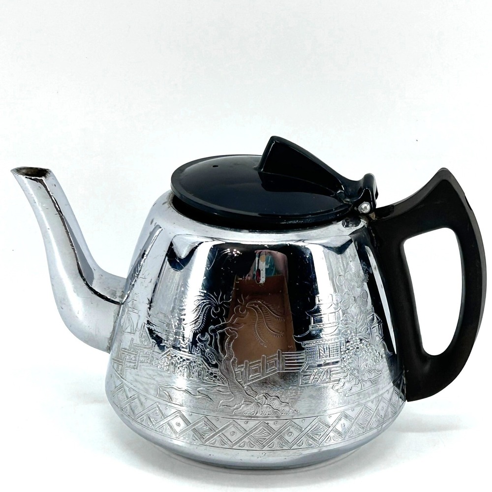 Vintage Swan Brand Willow Ware Chrome Teapot 6 Cup Engraved Pagoda Made England